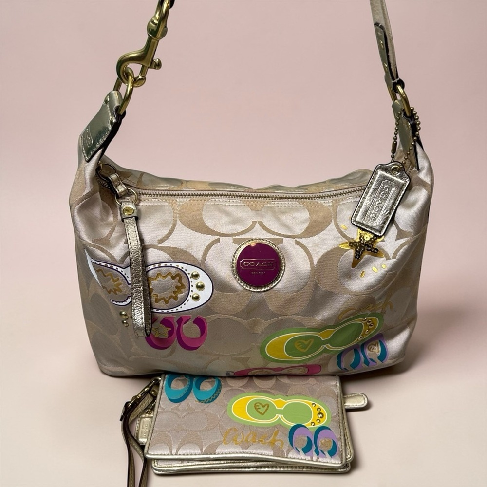 Y2K Coach F17586 Signature Hobo Bag Shoulder Purse Wallet Colorful Poppy Sateen